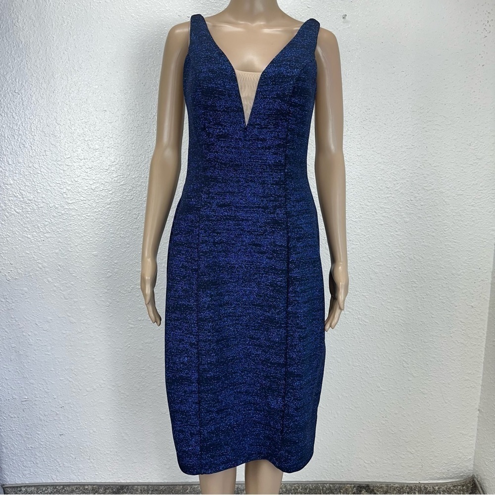 Marina Blue midi Dress bodycon Glitter Metallic Mesh sheer office siren 6